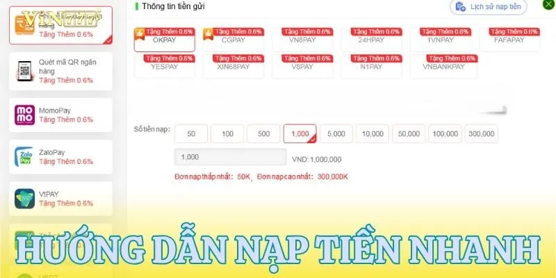 Nạp tiền VIN777 nhanh gọn với 4 hình thức tiện lợi