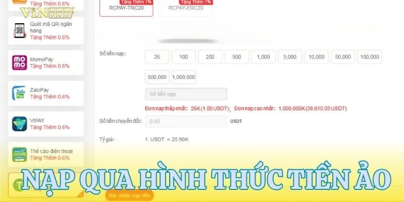 Nạp tiền VIN777 siêu tốc qua tiền ảo chỉ mất 10 giây